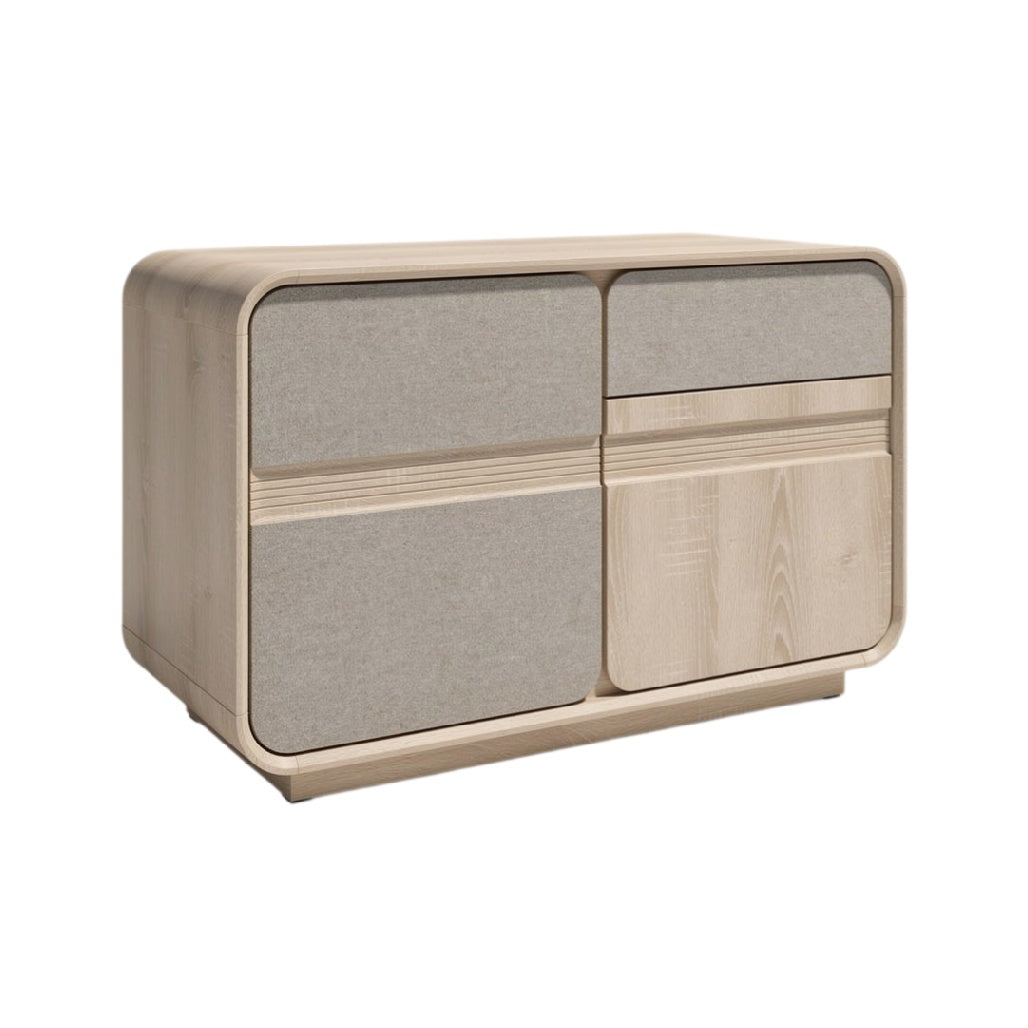 **Meuble de rangement moderne en bois avec portes en tissu**