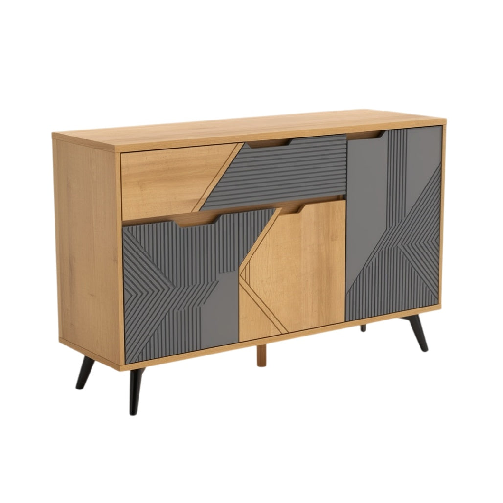 **Buffet en bois avec insertions géométriques grises**