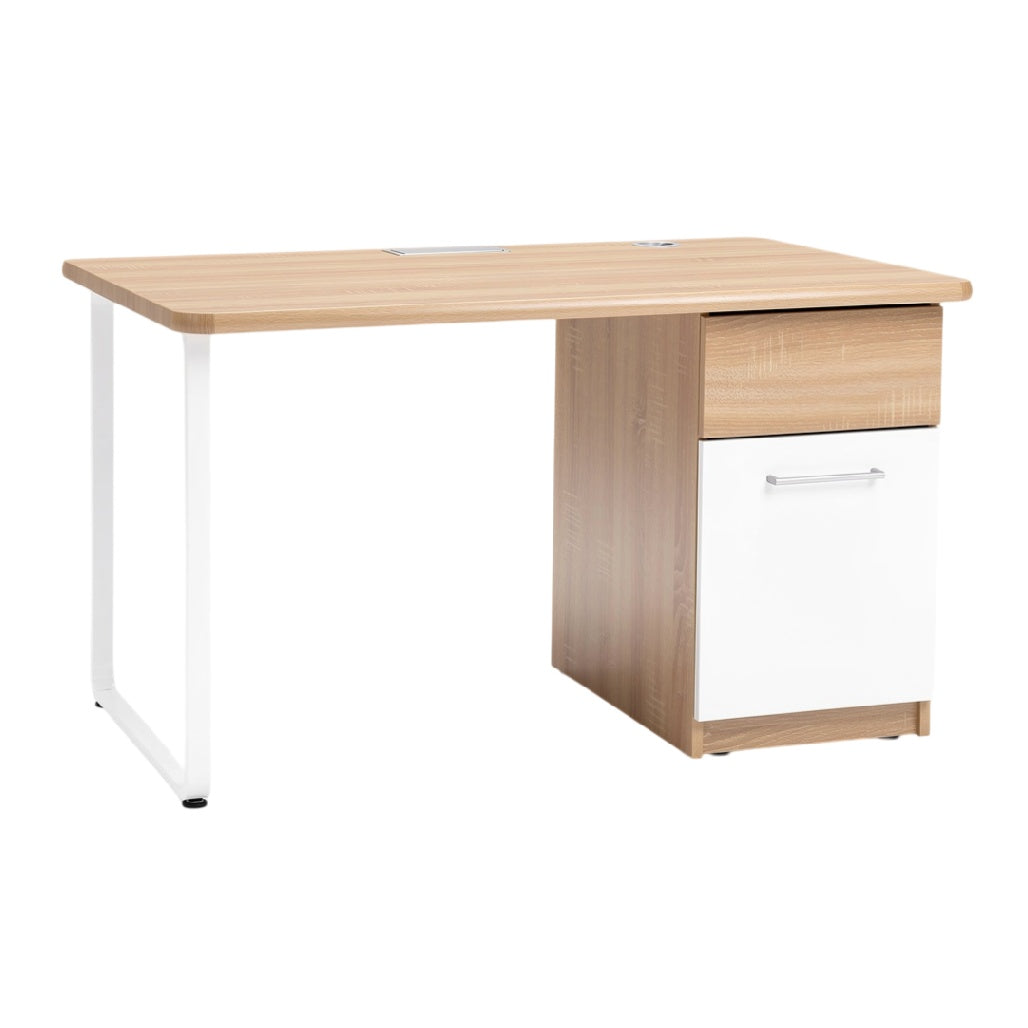 **Bureau moderne en bois avec tiroir blanc et structure métallique**